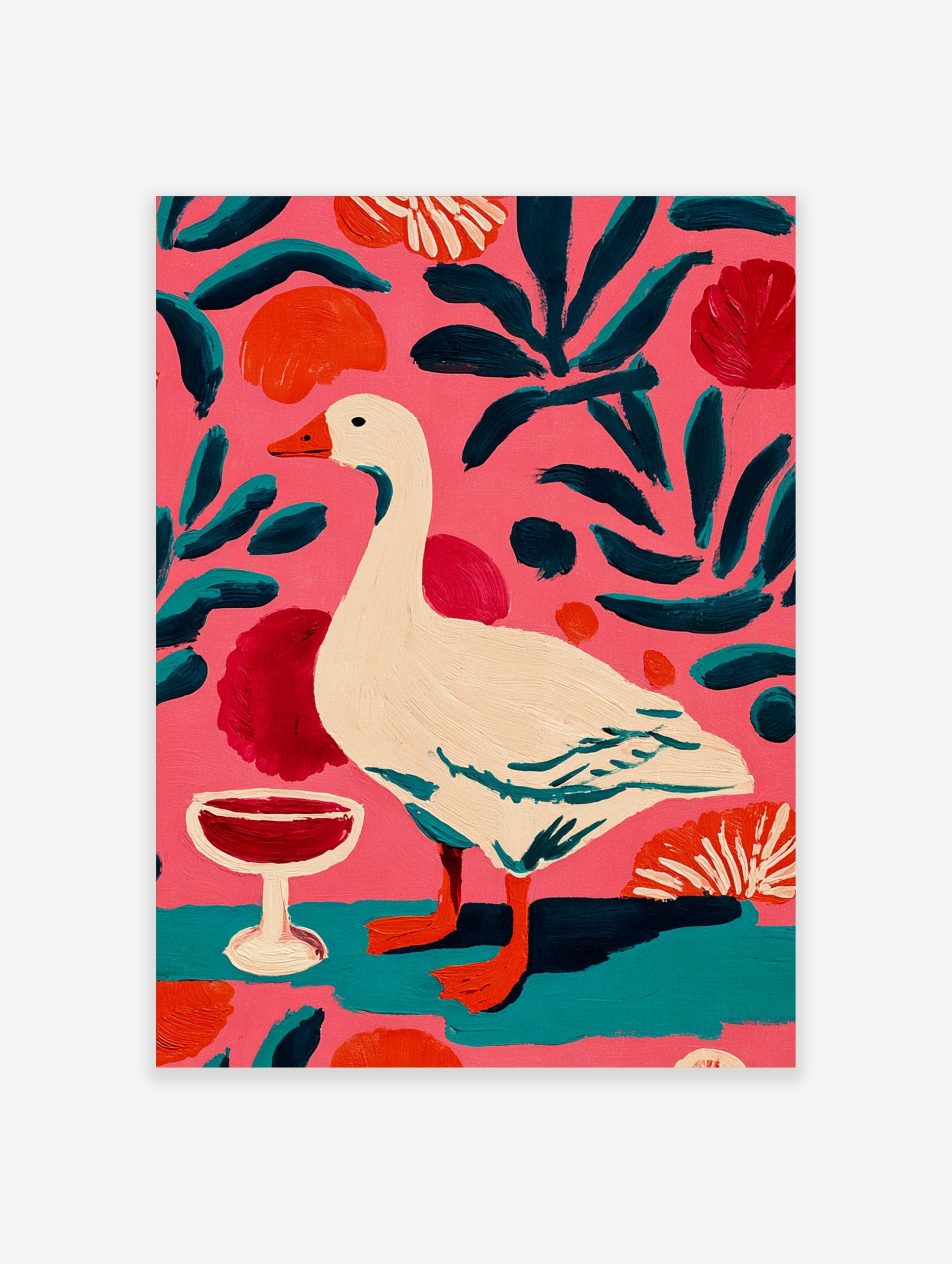 Illustrative painting of a white goose with orange beak, red wine glass, and teal leaves on a pink background