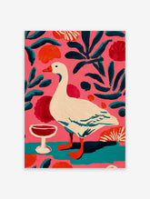 Illustrative painting of a white goose with orange beak, red wine glass, and teal leaves on a pink background