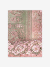 Pink and green floral wall art print with ornate patterns, a central decorative border, and lush pink flowers.