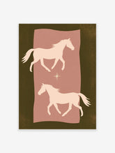 Pink horse wall art print with two equine silhouettes and a central star on a dusty rose panel