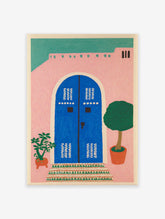 Pink house wall art illustration with a blue arched door, green roof, potted plants, and patterned steps.