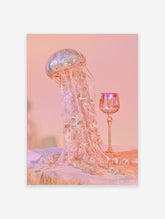 Pink jellyfish art print with iridescent beaded tentacles beside a pink wine glass on a pink background