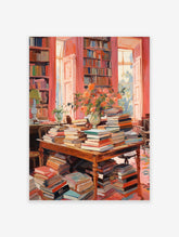 A vibrant pink library books poster showing a grand room with bookshelves, a table overflowing with books, and flowers.