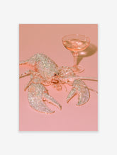 Pink lobster with crystal texture next to a coupe glass of rosé on a blush background, wall art print