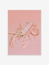 Pink glitter lobster and coupe glass on pastel pink background art print