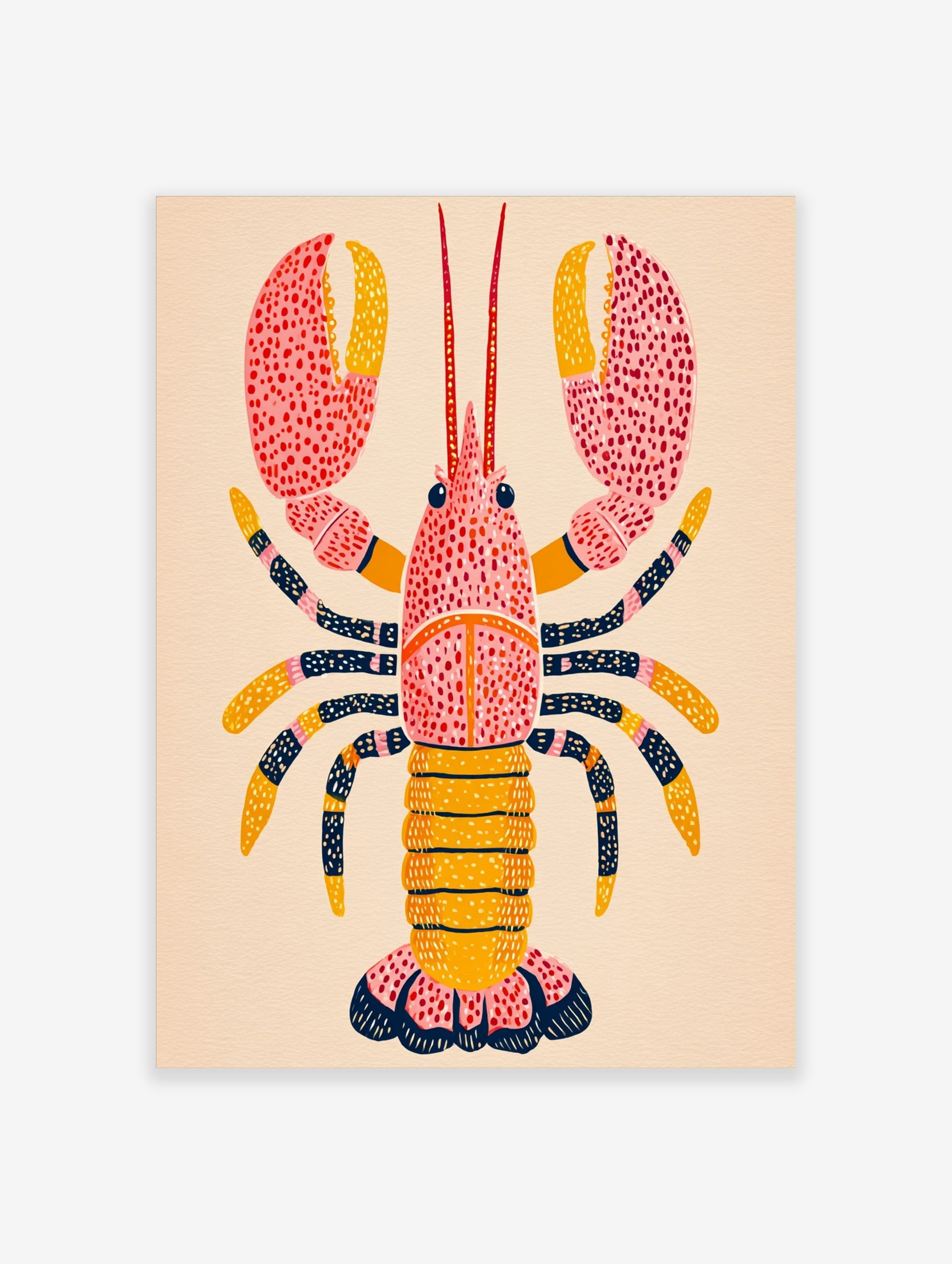 Illustrative pink and yellow lobster wall art print with dark blue patterned legs and red dots