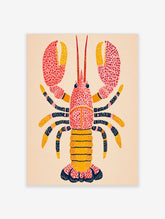 Illustrative pink and yellow lobster wall art print with dark blue patterned legs and red dots