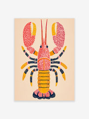 Illustrative pink and yellow lobster wall art print with dark blue patterned legs and red dots