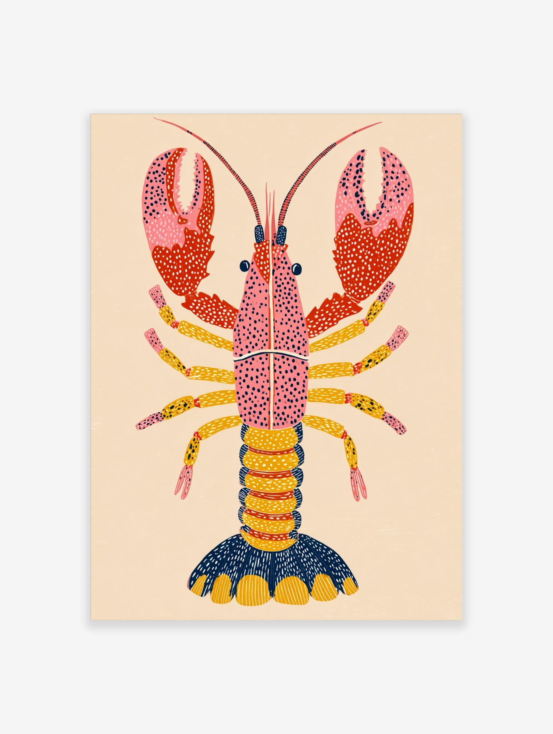 Illustrative pink lobster print with dotted red claws, yellow legs, and navy tail on a beige background