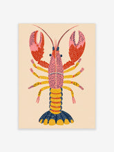 Illustrative pink lobster print with dotted red claws, yellow legs, and navy tail on a beige background