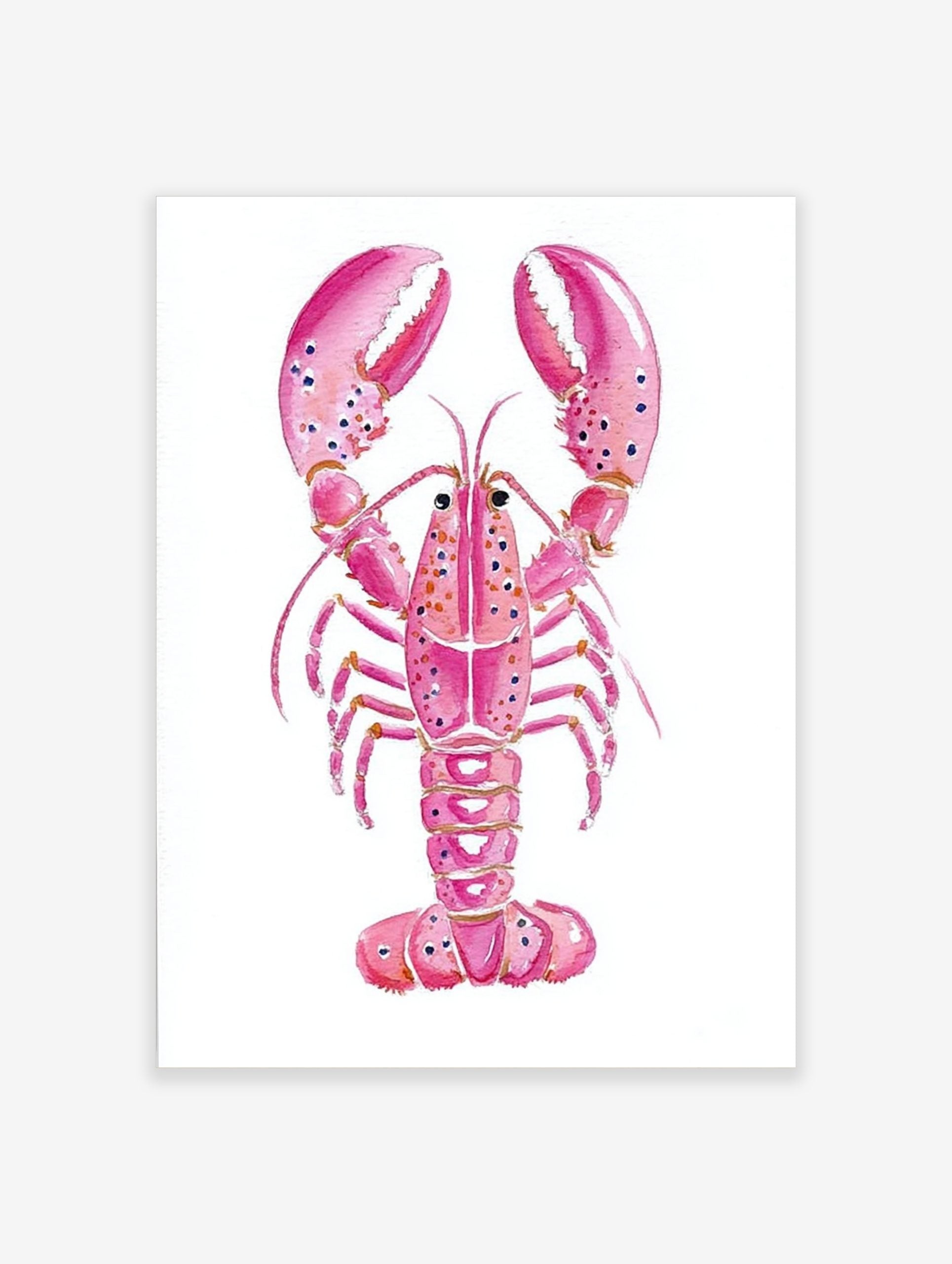 Pink lobster watercolour illustration art print with speckled claws on a white background, portrait orientation