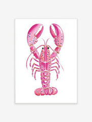 Pink lobster watercolour illustration art print with speckled claws on a white background, portrait orientation