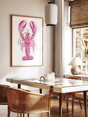 Pink lobster watercolour illustration art print with speckled claws on a white background, portrait, in a styled room mockup