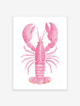 Pink lobster watercolour illustration art print with white speckles on a plain white background