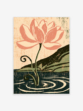 Pink lotus flower poster with curling stem and water ripples on beige background