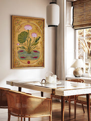 Pink lotus flower and red fish botanical illustration art print in an oval frame on a golden, in a styled room mockup