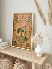 Ornate pink lotus pond illustration with flowers, green leaves, two red fish, and traditional, in an alternate framed mockup