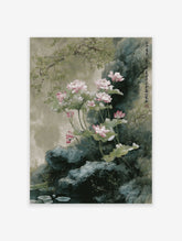Traditional Asian painting of pink lotus flowers and green lily pads on rocks by water, botanical wall art.
