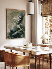 Traditional Asian painting of pink lotus flowers and green lily pads on rocks by water, botanical wall art. - Image 3