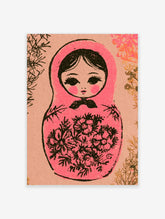 Stylised pink Matryoshka doll illustration with floral patterns and black line work, printed on satin paper