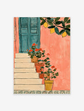 Pink Mediterranean wall art print with lemon tree, blue shutters, and flower pots on steps