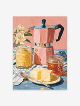 Poster of a pink Moka pot, jars of honey and butter, and white flowers on a blue table with a pink background.