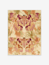 Two illustrated pink and burgundy moths with mosaic patterns on a tan mottled background, nature wall art print