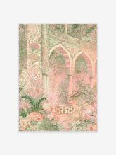 Pink Mughal arch garden print with fountain, tulips and carnations in pastel tones