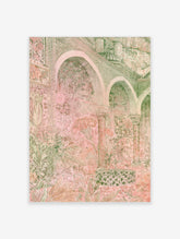Pink Mughal arch poster with Indian floral motifs, green columns and star-patterned fountain