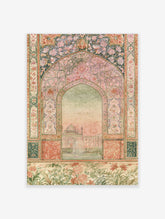 Pink Mughal arch wall art print with floral spandrels and a central garden view