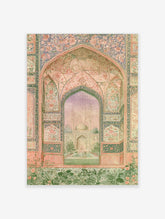 Pink Mughal arch wall art with floral tilework and domed pavilion view