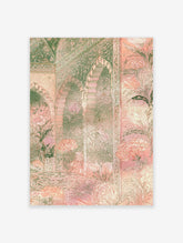 Pink Mughal arch wall art with floral sprays and scalloped niches in pastel green and coral tones