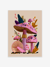 Pink mushroom wall art with speckled caps, gills, and leaves on beige background