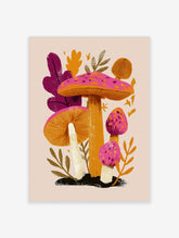 Pink and orange mushroom illustration with purple leaves on cream background, unframed paper print