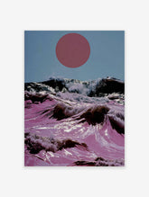 Surreal pink ocean waves with white foam crashing under a large red circle in a light blue sky