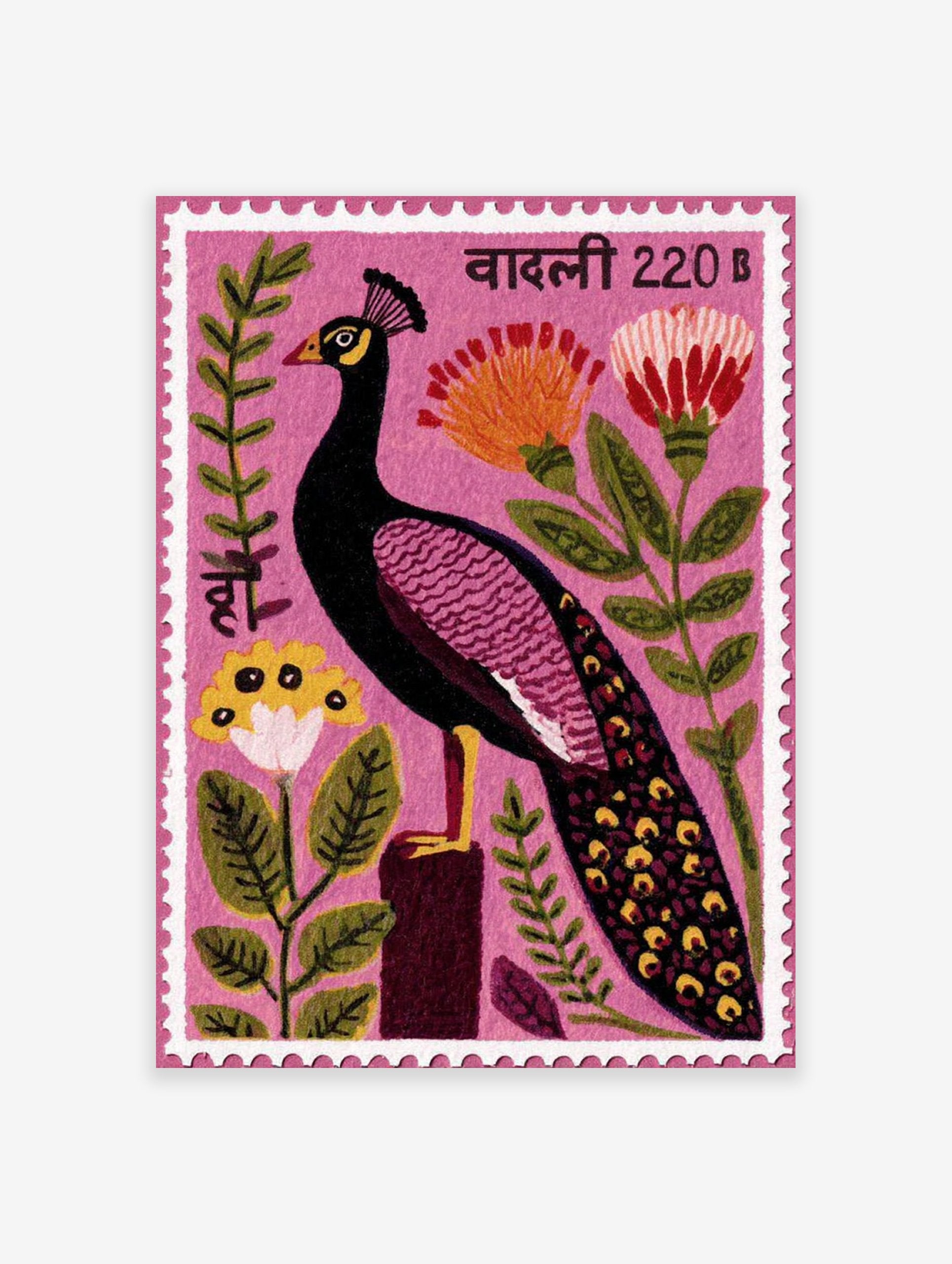 Pink peacock stamp illustration with flowers and green leaves, Indian-inspired botanical wall art print.