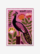 Pink peacock stamp illustration with flowers and green leaves, Indian-inspired botanical wall art print.