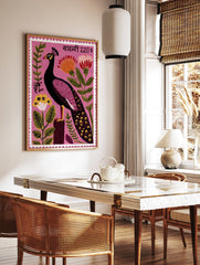 Pink peacock stamp illustration with flowers and green leaves, Indian-inspired botanical wall art print. - Image 3