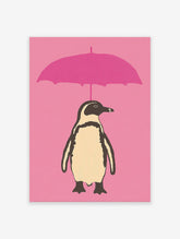 Illustrative art print of a black and white penguin with a beige belly holding a pink umbrella against a solid pink background.