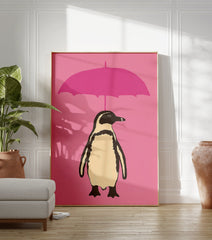 Illustrative art print of a black and white penguin with a beige belly holding a pink umbrella against a solid pink background. - Image 3