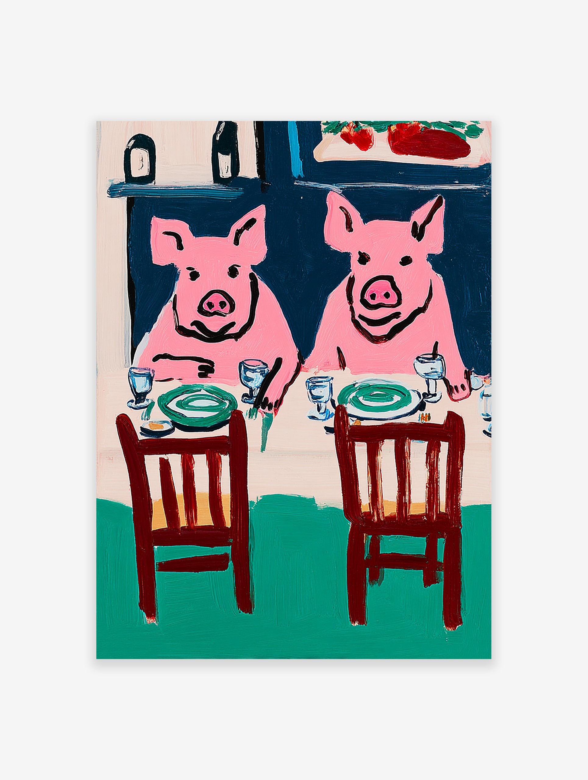 Illustrative pink pig wall art depicting two pigs seated at a dining table with plates and glasses in a modern style.