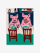 Illustrative pink pig wall art depicting two pigs seated at a dining table with plates and glasses in a modern style.