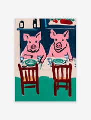 Illustrative pink pig wall art depicting two pigs seated at a dining table with plates and glasses in a modern style.