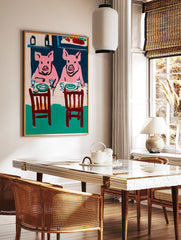Illustrative pink pig wall art depicting two pigs seated at a dining table with plates and glasses in a modern style. - Image 2