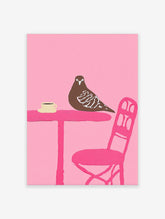 Illustration of a brown pigeon on a pink table with a coffee cup, set against a solid pink background.
