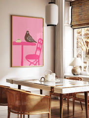 Illustration of a brown pigeon on a pink table with a coffee cup, set against a solid pink background. - Image 2