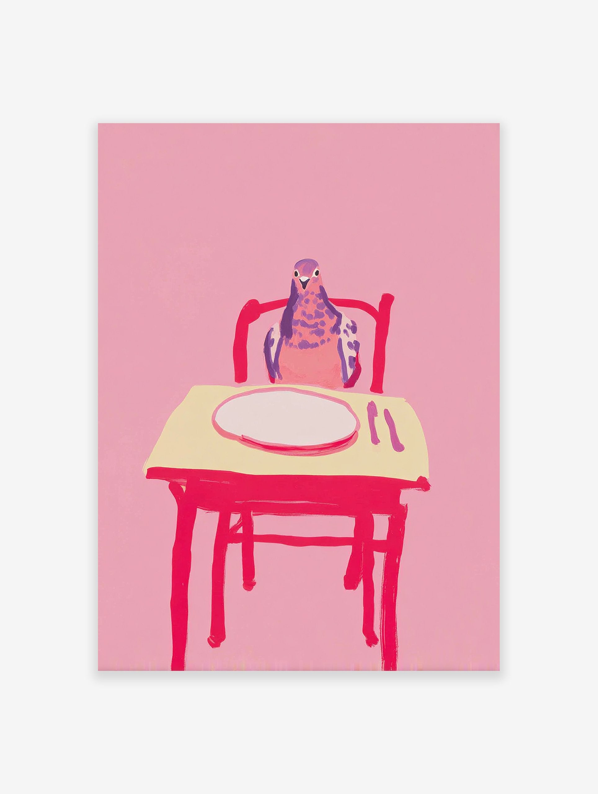 Illustrated art print featuring a pink and purple pigeon sitting at a table with a white plate on a vibrant pink background.