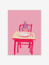 Illustrated art print featuring a pink and purple pigeon sitting at a table with a white plate on a vibrant pink background.