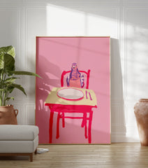 Illustrated art print featuring a pink and purple pigeon sitting at a table with a white plate on a vibrant pink background. - Image 3