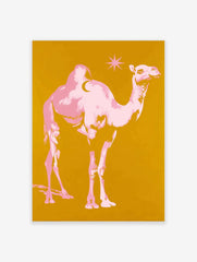 Pink pop art camel with crescent moon on hump and star on golden yellow background